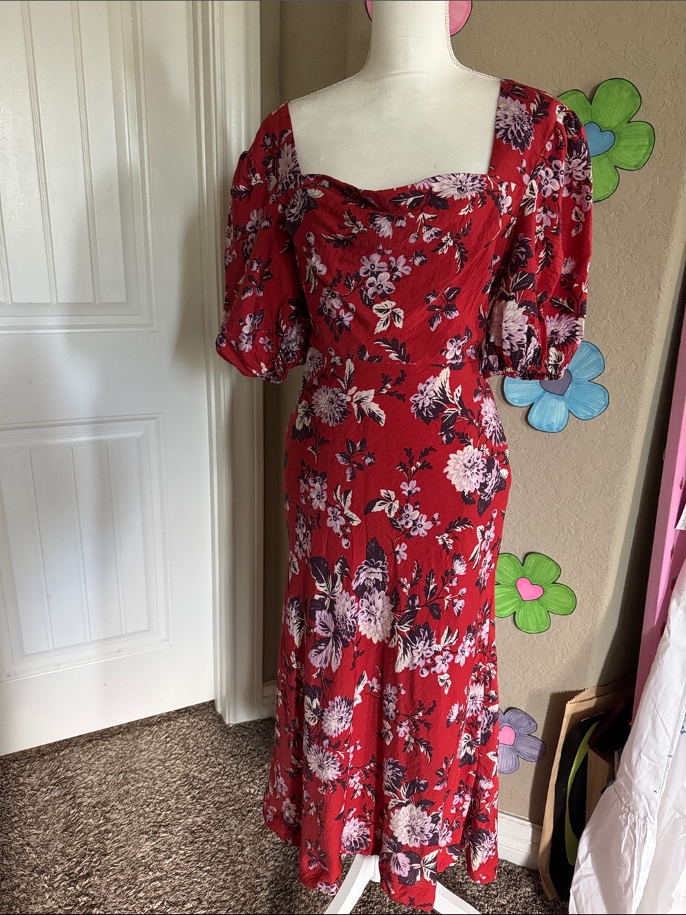 NWT Anthropologie Red Floral Puff-Sleeve Dress SZ SM pit2pit17”waist 16” L 56” - Picture 3 of 15